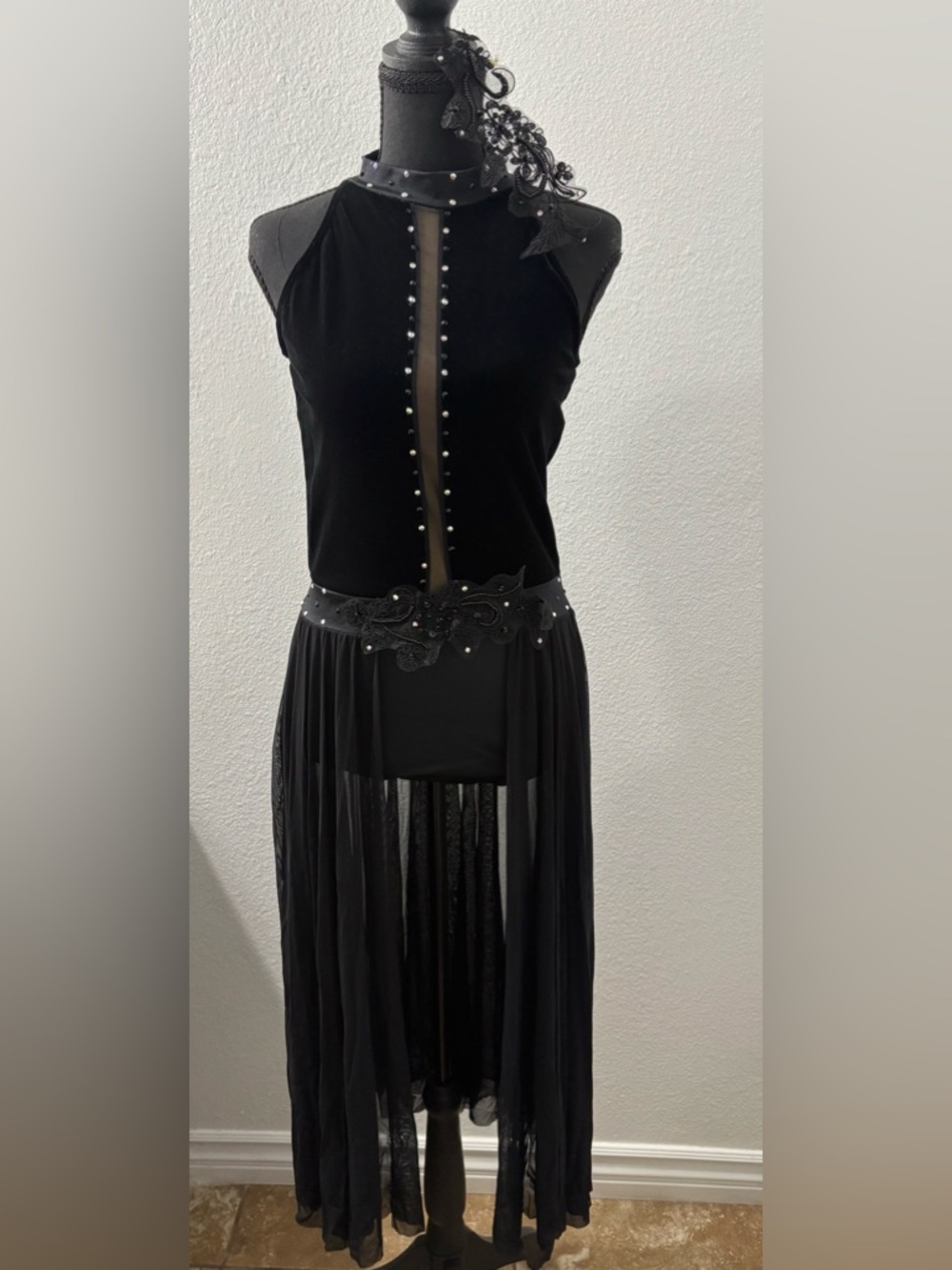 Black Studded Sheer Panel Halter Dress